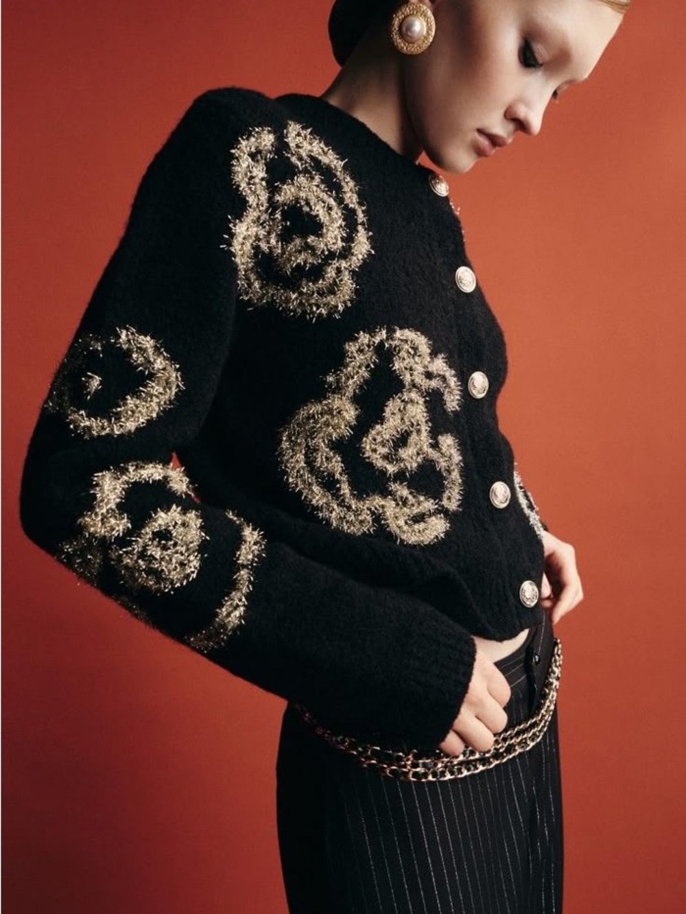 Oliver o Black Fuzzy Cardigan with Metallic Gold Appliqué